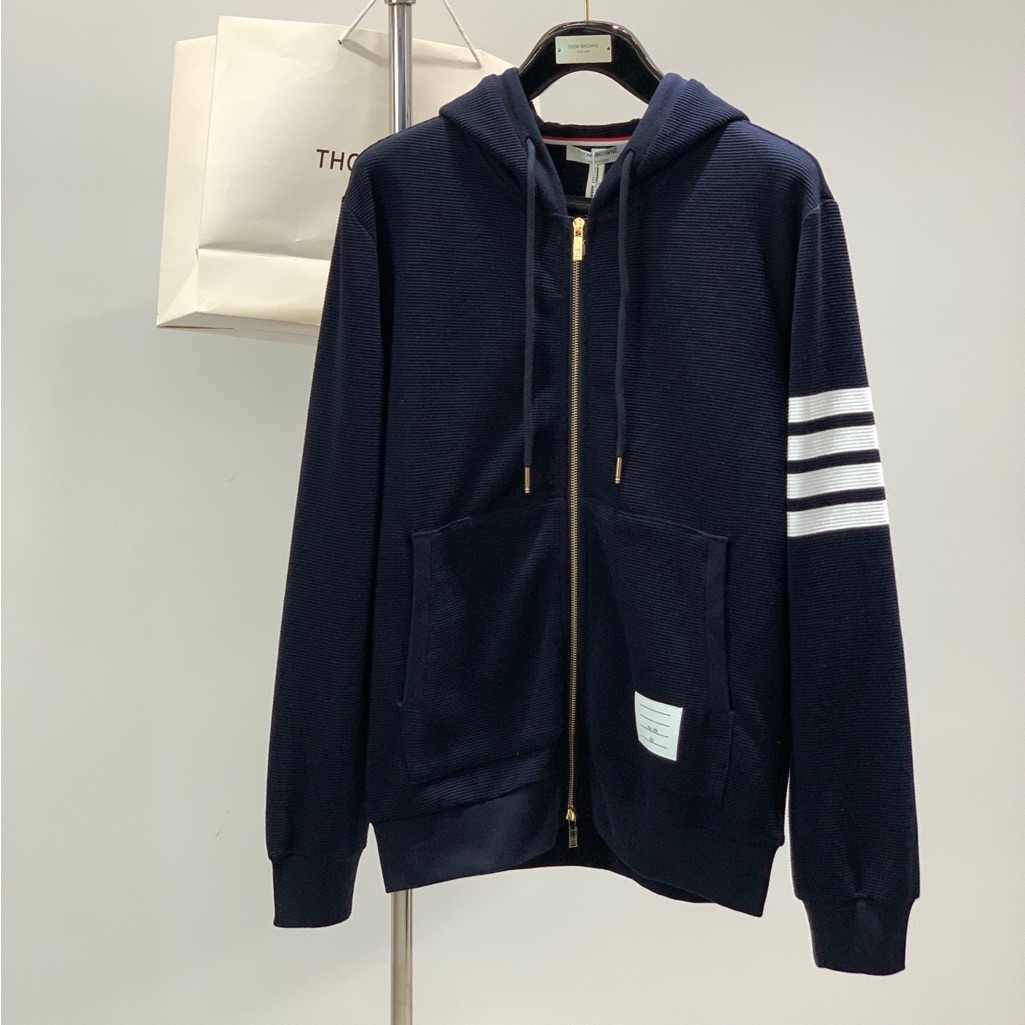 Thom Browne Navy Zip-Up Hoodie With White Sleeve Stripes